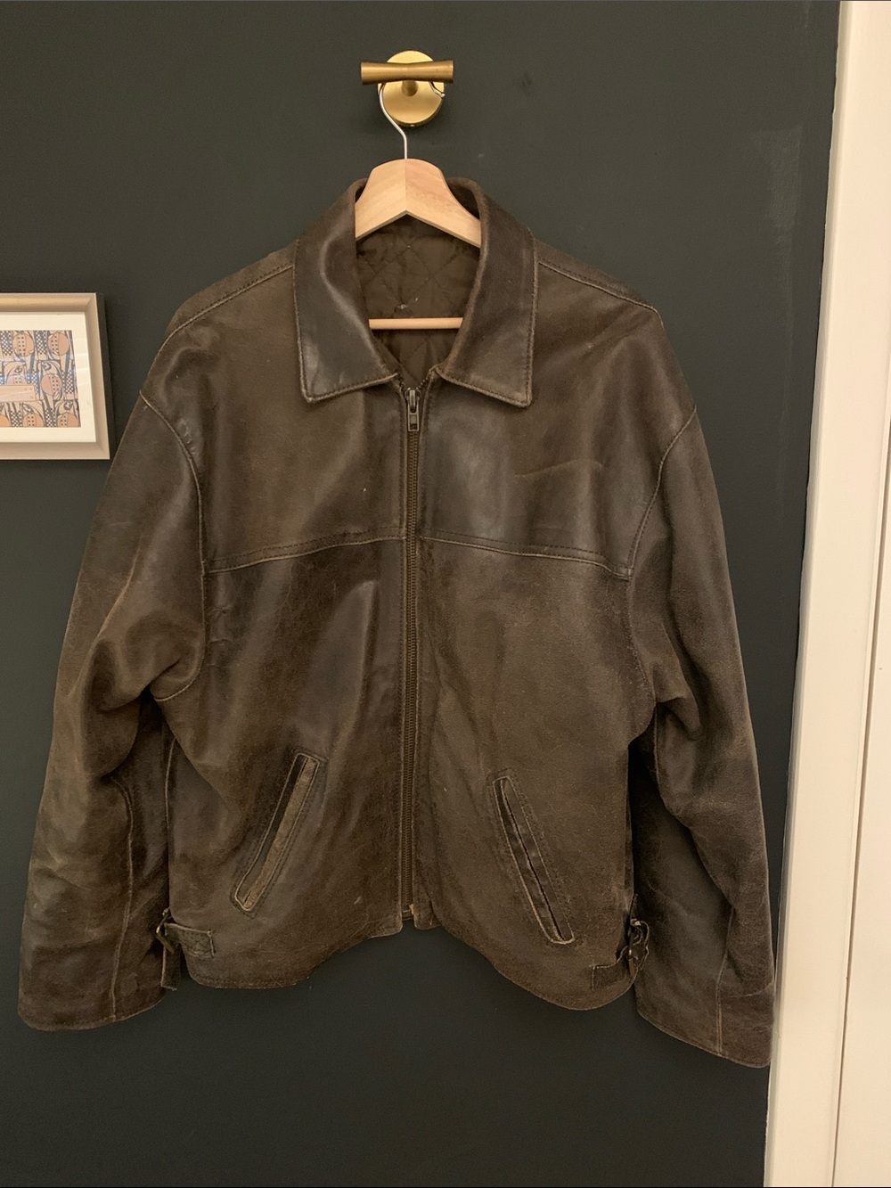 Men's Brown Leather Jacket - Classic Zip Front L